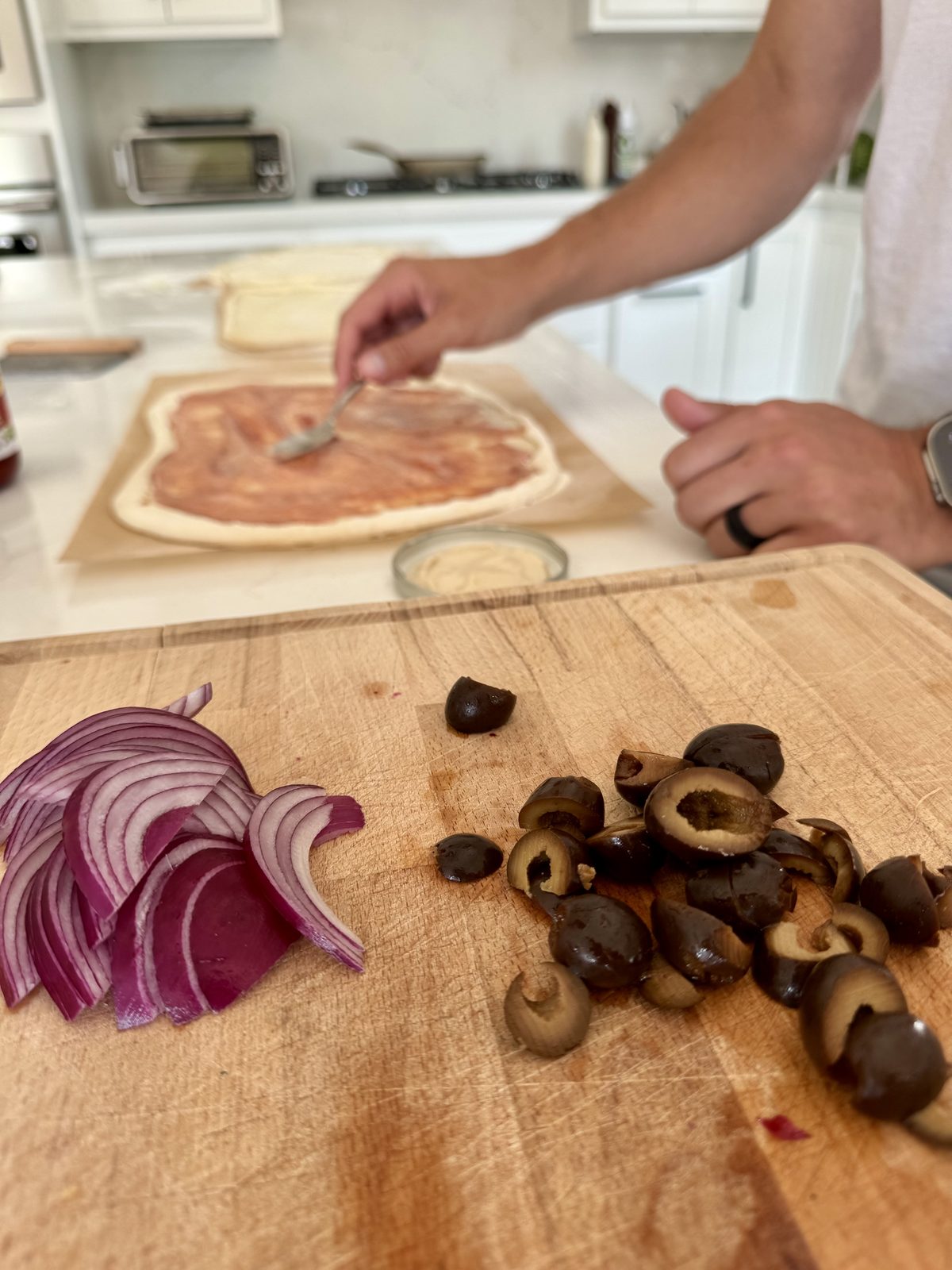 Prepping organic pizza toppings for Sunday pizza night