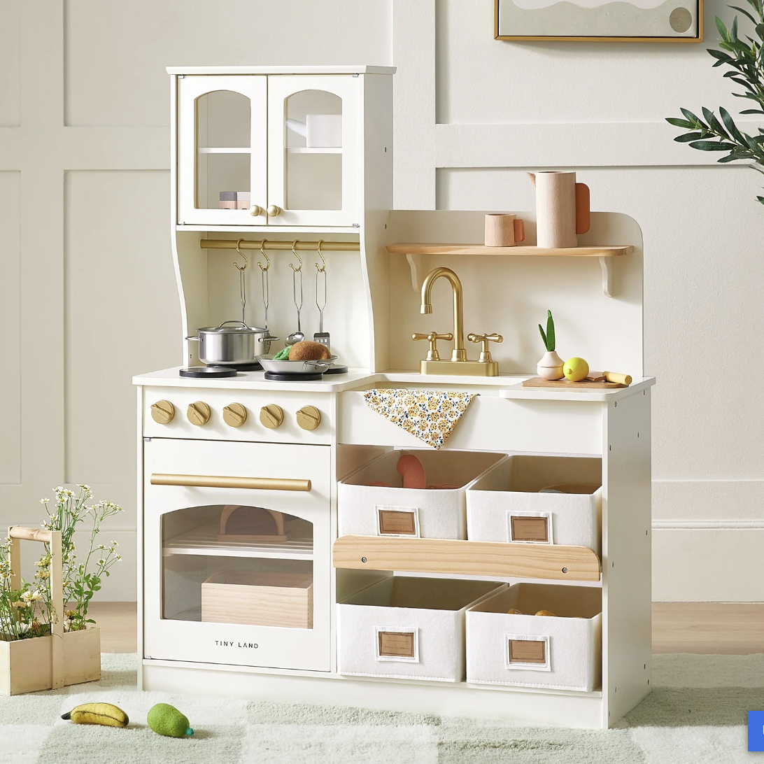 Compact wooden play kitchen with labeled storage bins, product photo.